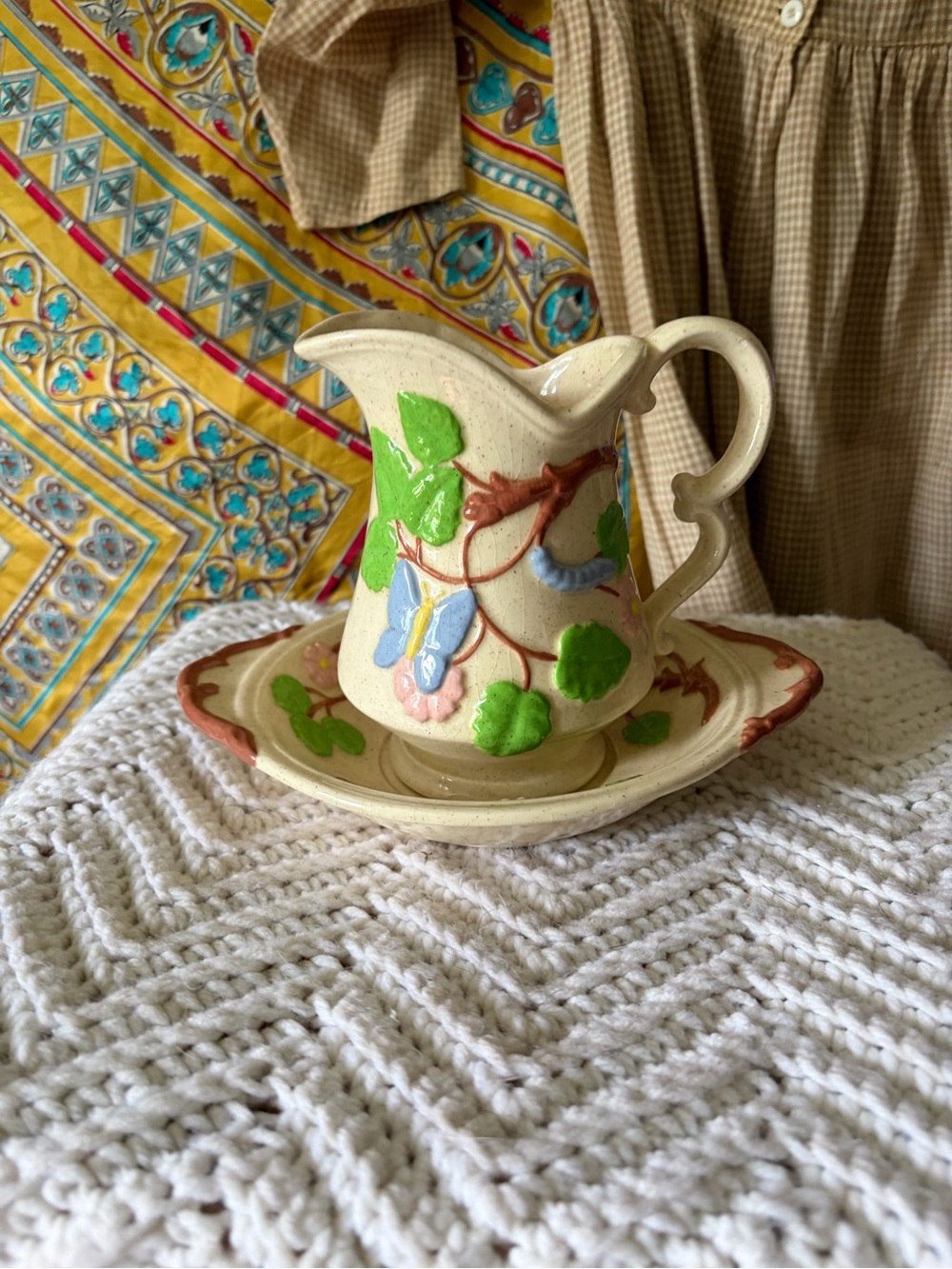 Vintage Cardinal Inc. Butterfly and Floral Ceramic Pitcher and Saucer Set